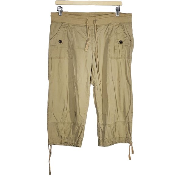 XCVI Wearables Capri Pants Womens M 8/10 Beige Khaki Lagenlook Hippie Drawstring - Picture 1 of 6